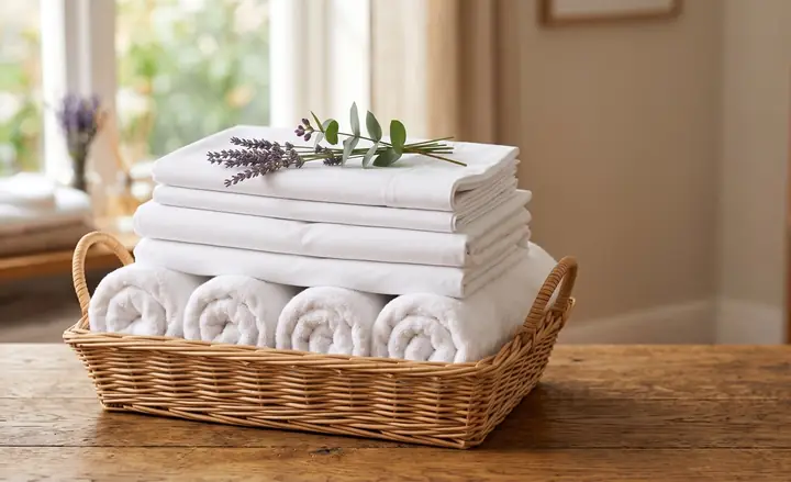 Fresh hotel-quality white linens folded and ready for delivery